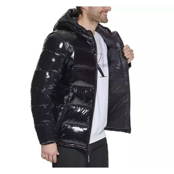 NWT $250 MSRP Calvin Klein Men's Med Black Shine Water Resistant Puffer Jacket - Picture 3 of 5